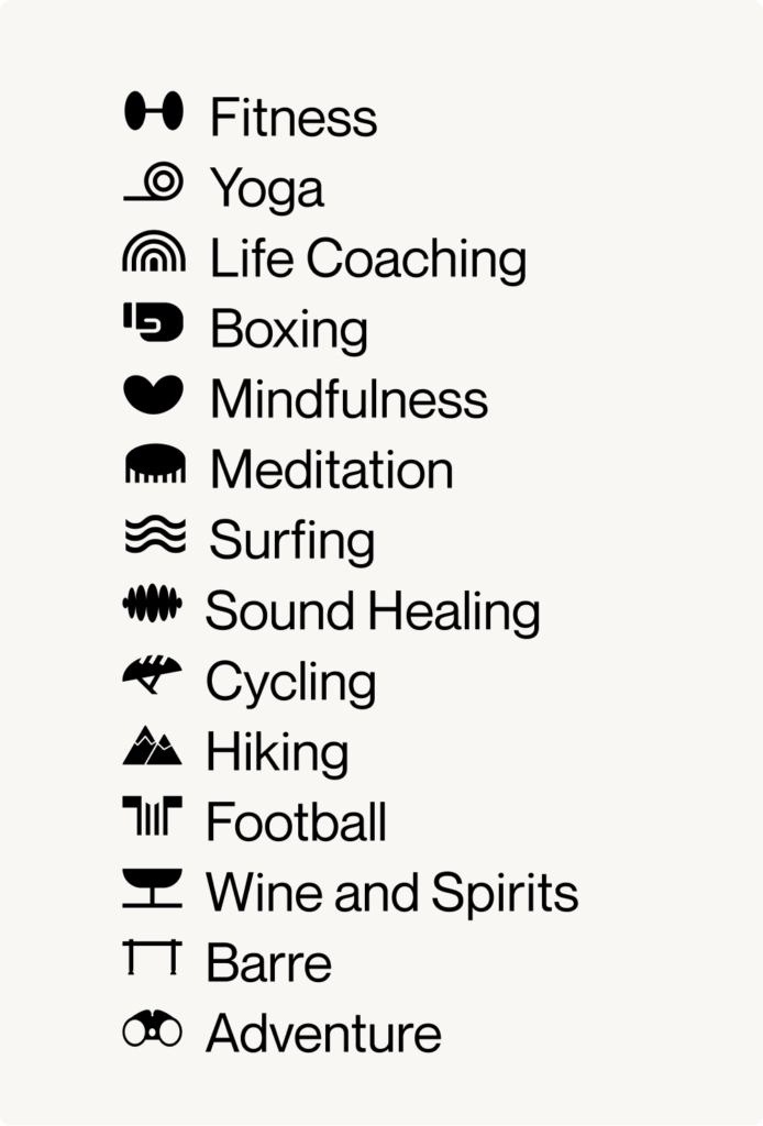list of offerings including fitness yoga life coaching